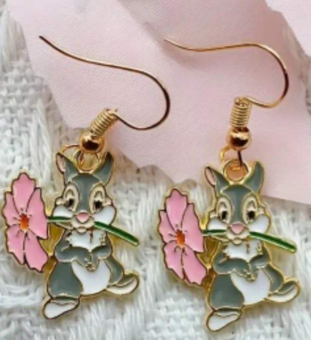 Cute Inspired By Bambi Thumper Bunny Flower Easter Rabbit Gold Plated Enamel Drop Earrings