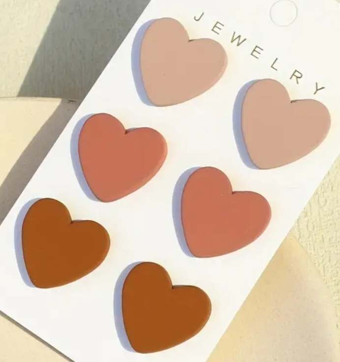 Acrylic Heart Stud Earrings Stone Grey Terracotta Coffee Brown Set Of 3