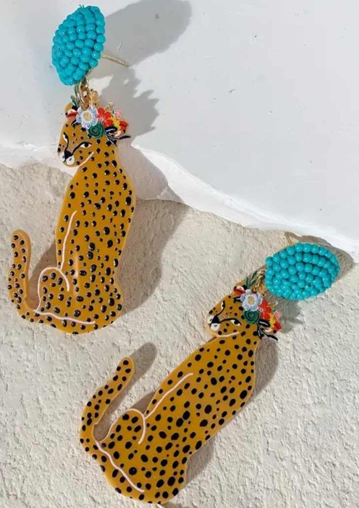 Large Retro Style Fun And Funky Acrylic Bead Accent Orange Leopard Design Dangle Earrings