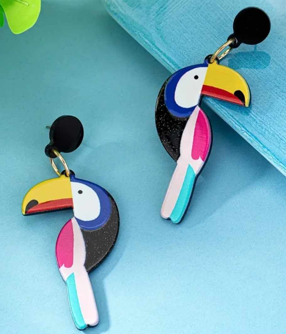 Colourful Glittery Acrylic Toucan Parrot Design Drop Dangle Earrings