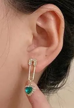 Gold Plated Rhinestone Inlay Safety Pin Green Stone Heart Design Drop Earrings