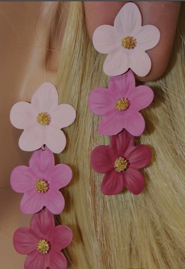 Pretty Painted Three Tone Gradient Pink Metal Triple Flower Drop Earrings