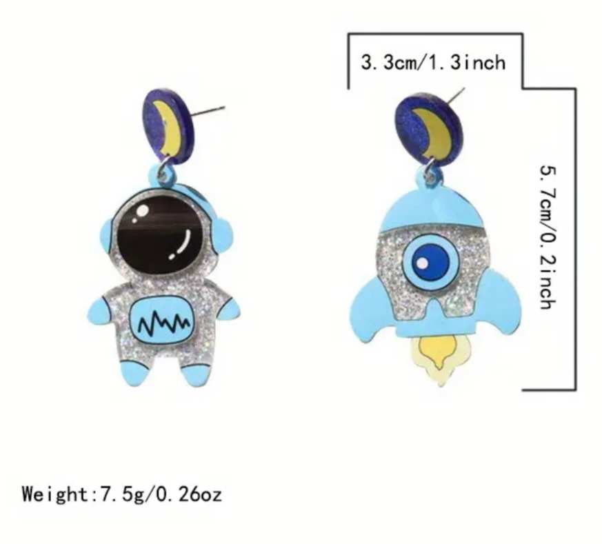 Cute Bright Large Acrylic Cartoon Glitter Sparkle Astronaut Rocket Ship Space Man Drop Earrings
