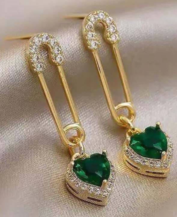 Gold Plated Rhinestone Inlay Safety Pin Green Stone Heart Design Drop Earrings