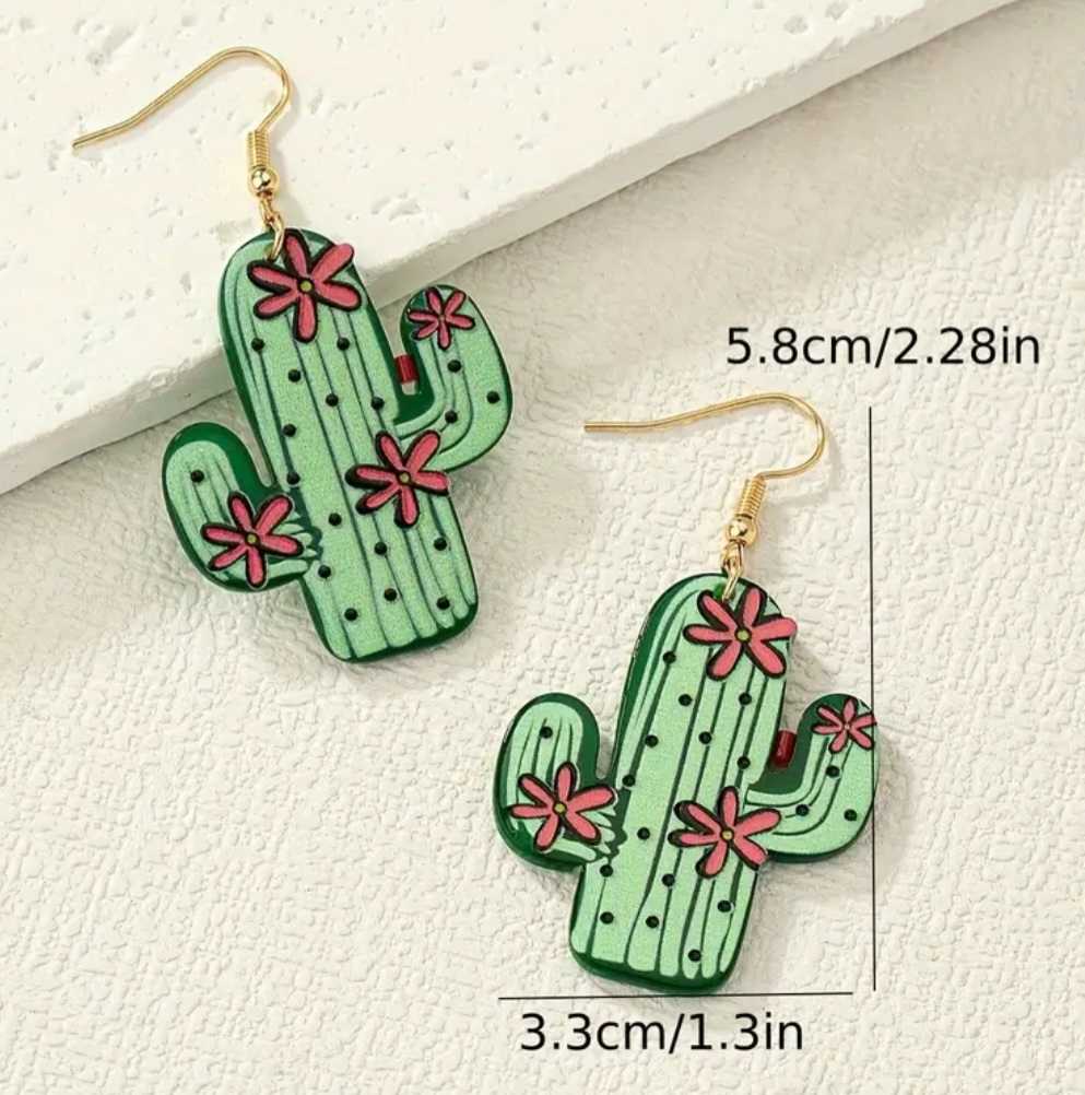 Fun Bright Cartoon Acrylic Green Cactus With Flowers Design Dangle Earrings