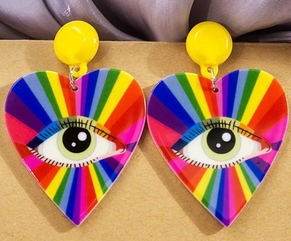 Colourful Acrylic Large Rainbow Heart Eye Drop Dangle Earrings