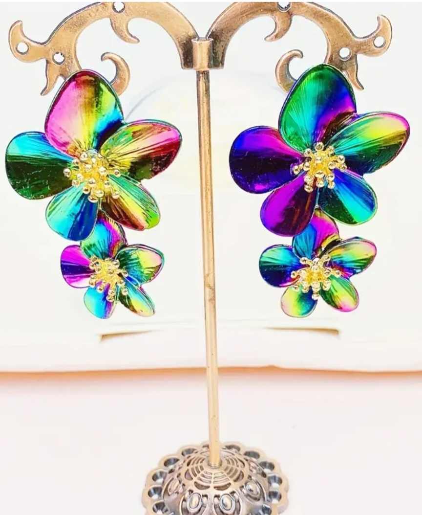 Large Super Shiny Oil Slick Multi-Coloured Metal Alloy Double Flower Dangle Drop Earrings