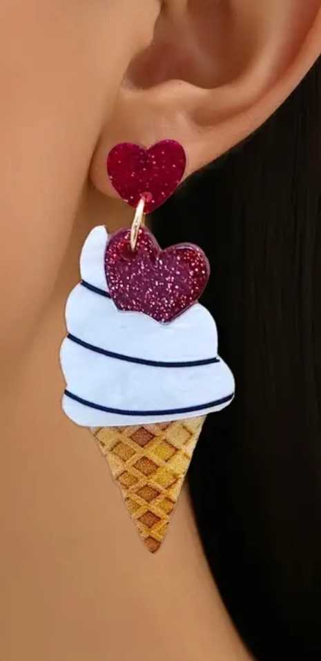 Large Lightweight Cute Kawaii Acrylic Glitter Sparkle Heart Cherry Ice Cream Dangle Earrings
