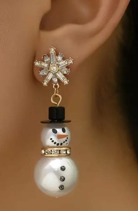 Stunning Large Christmas Bling Rhinestone Snowflake and Faux Pearl Snowman Dangle Earrings