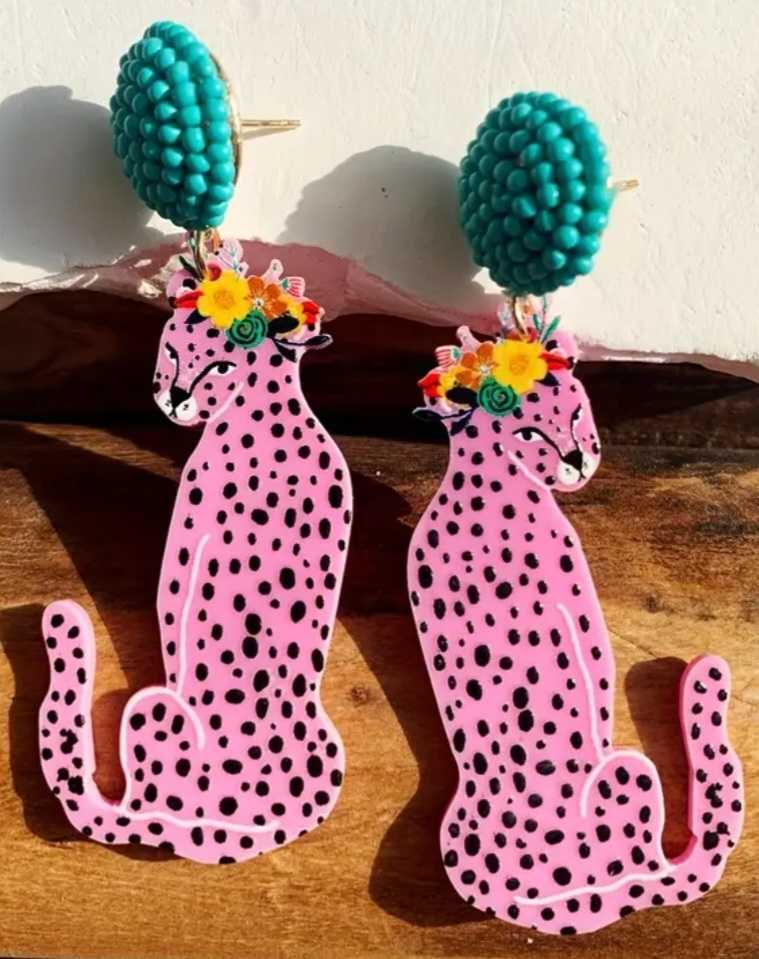 Large Retro Style Fun And Funky Acrylic Bead Accent Pink Leopard Design Dangle Earrings