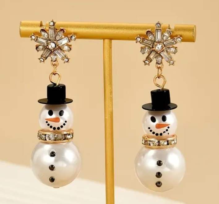 Stunning Large Christmas Bling Rhinestone Snowflake and Faux Pearl Snowman Dangle Earrings