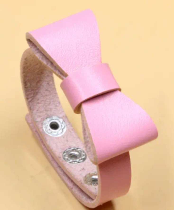 Cute Punk Kawaii Adjustable Pink PU Vegan Faux Leather Bow Knot Bracelet Wrist Band