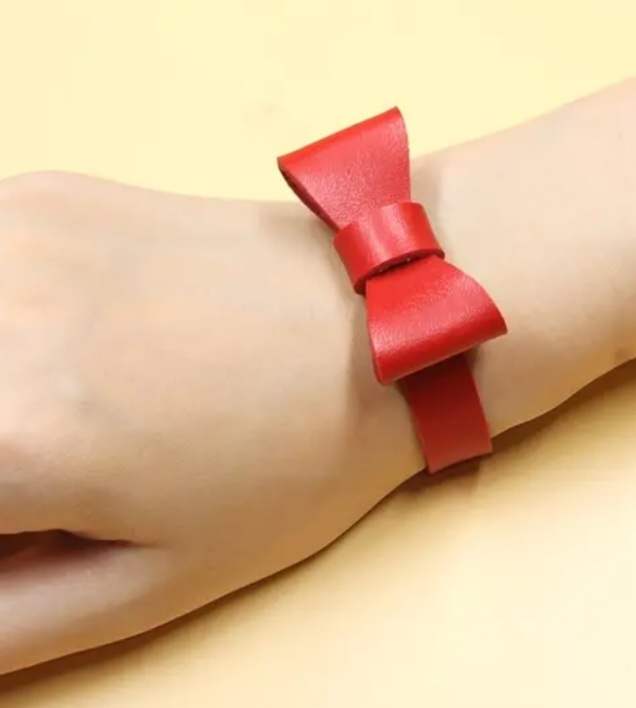 Cute Punk Kawaii Adjustable Red PU Vegan Faux Leather Bow Knot Bracelet Wrist Band