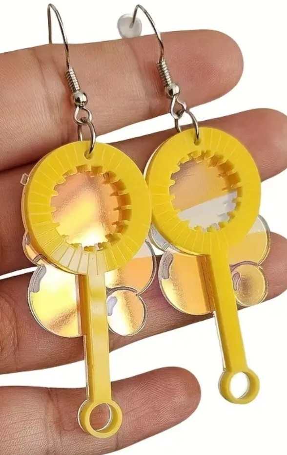 Retro Super Fun Acrylic With Mirror Look Accents Yellow Bubble Blower Wand With Reflective Bubbles Design Drop Dangle Earrings