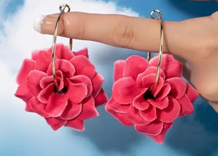Fabric Blush Rose Red Pink Large Flower On Gold Plated Hoop Earrings