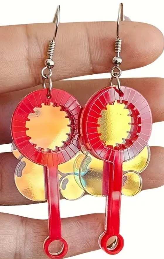 Retro Super Fun Acrylic With Mirror Look Accents Red Bubble Blower Wand With Reflective Bubbles Design Drop Dangle Earrings