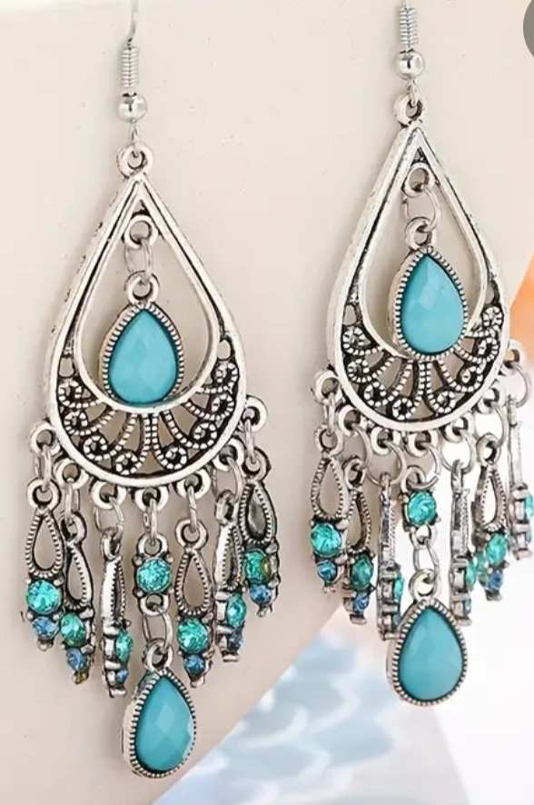 Stunning Large Boho Bohemian Chandelier Synthetic Cubic Zirconia Silver Tone Turquoise Coloured Stone Dangle Drop Earrings