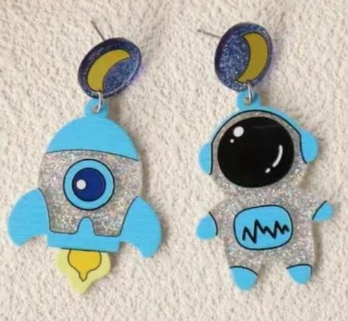 Cute Bright Large Acrylic Cartoon Glitter Sparkle Astronaut Rocket Ship Space Man Drop Earrings