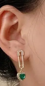 Gold Plated Rhinestone Inlay Safety Pin Green Stone Heart Design Drop Earrings