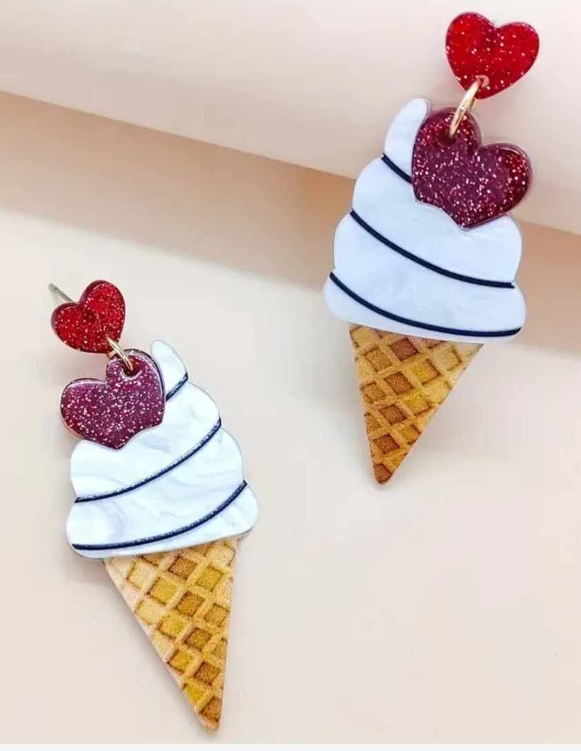 Large Lightweight Cute Kawaii Acrylic Glitter Sparkle Heart Cherry Ice Cream Dangle Earrings