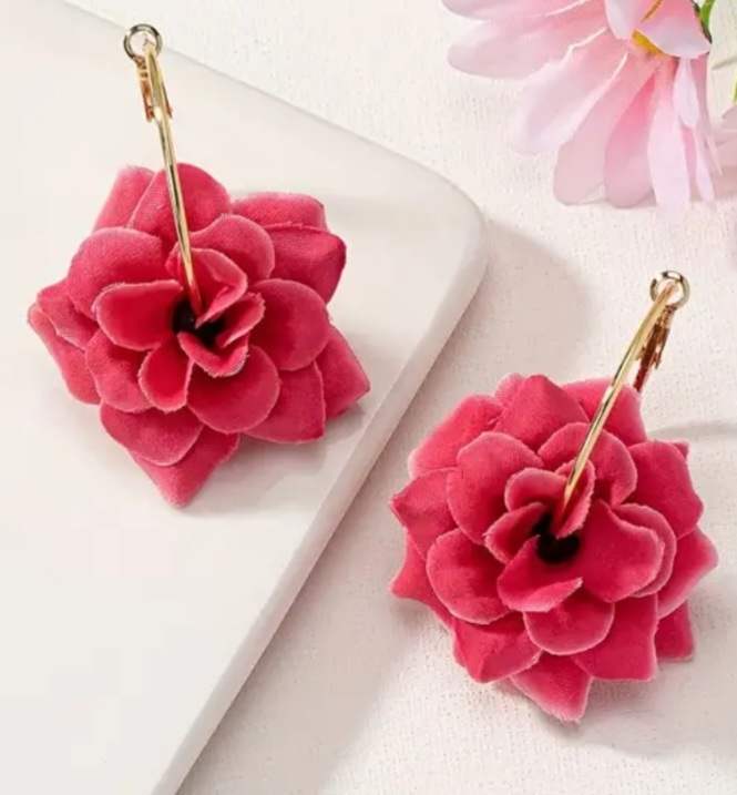 Fabric Blush Rose Red Pink Large Flower On Gold Plated Hoop Earrings