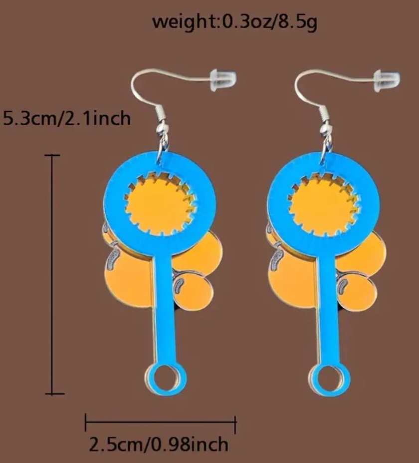 Retro Super Fun Acrylic With Mirror Look Accents Blue Bubble Blower Wand With Reflective Bubbles Design Drop Dangle Earrings