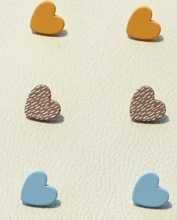 Acrylic Heart Stud Earrings Sunshine Yellow Dusty Blue Tan And Dash Print Design Set Of 3