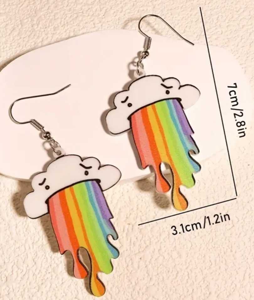 Fun Funky Large Acrylic Cartoon Graffiti Design Cloud Rainbow Drop Earrings