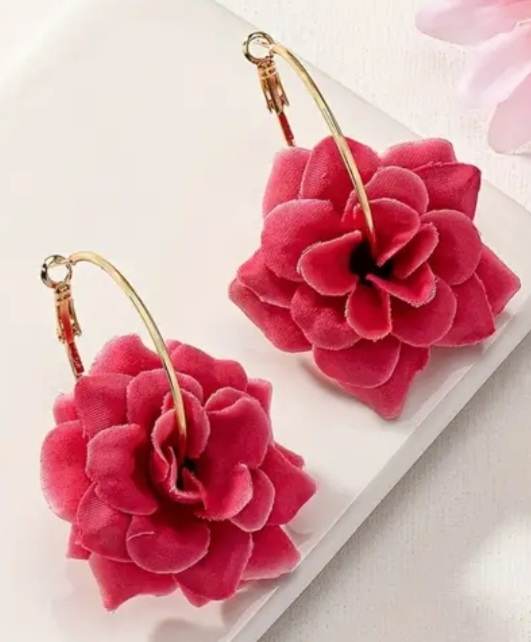 Fabric Blush Rose Red Pink Large Flower On Gold Plated Hoop Earrings