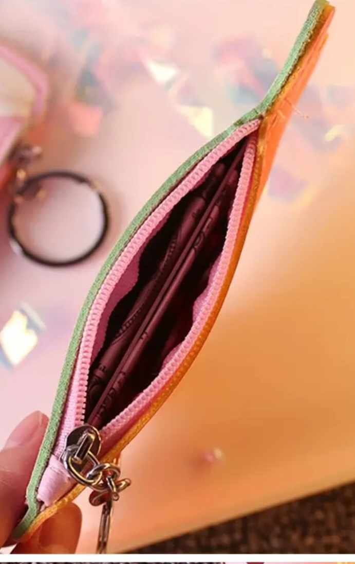 Fun Unique Cartoon Design Stitched PU Vegan Leather Wallet Coin Purse With Metal Key Chain Ring