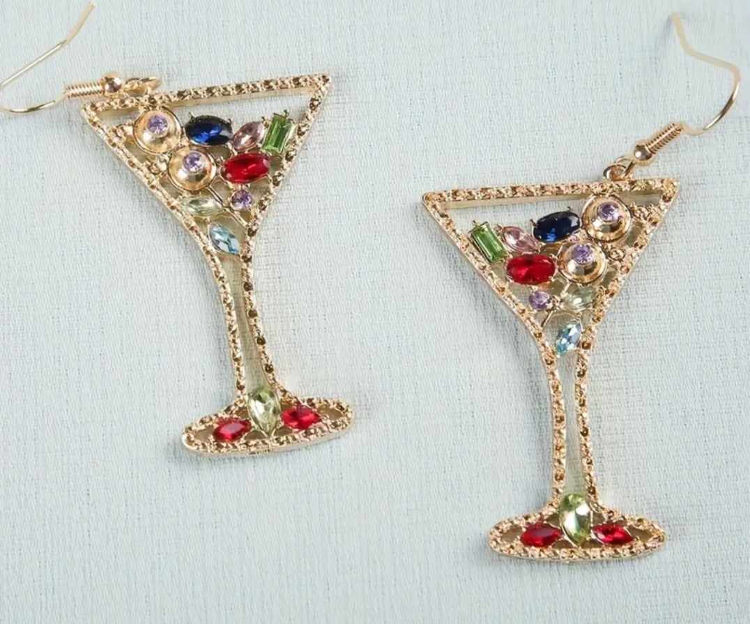 Bling Rhinestone Inlay Gold Plated Martini Wine Cocktail Holiday Drinks Glass Design Drop Earrings