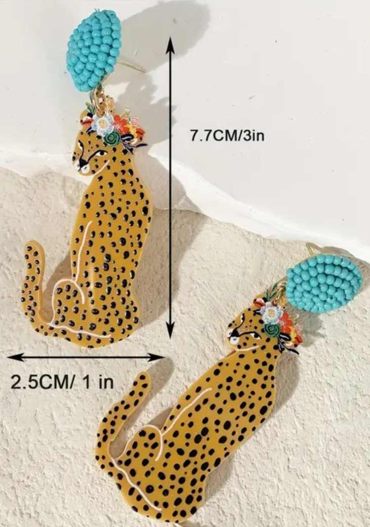Large Retro Style Fun And Funky Acrylic Bead Accent Orange Leopard Design Dangle Earrings