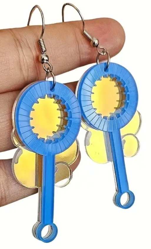 Retro Super Fun Acrylic With Mirror Look Accents Blue Bubble Blower Wand With Reflective Bubbles Design Drop Dangle Earrings
