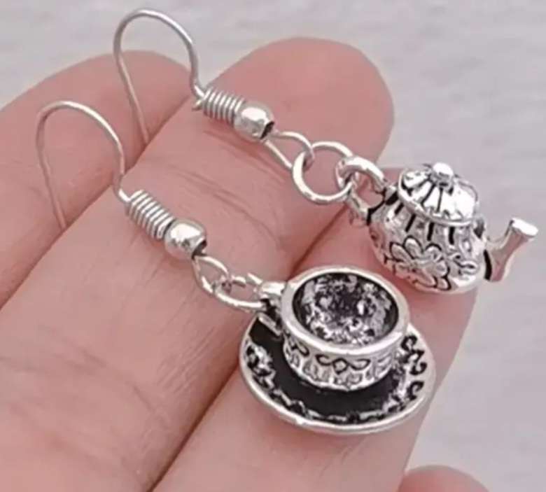 Antique Look Bohemian Boho Vintage Look Small Metal Tea Cup Saucer And Tea Pot Retro Silver Tone Dangle Earrings