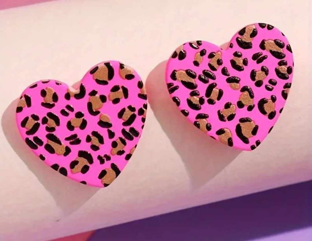 Cute Fun Funky Leopard Print Hot Pink Acrylic Plastic Heart Studs