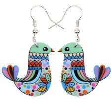 Gorgeous Colourful Medium Size Bright Fun Acrylic Bird Pheasant With Flowers Dangle Earrings