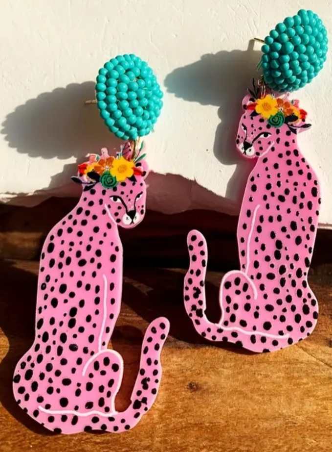 Large Retro Style Fun And Funky Acrylic Bead Accent Pink Leopard Design Dangle Earrings