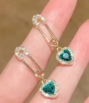 Gold Plated Rhinestone Inlay Safety Pin Green Stone Heart Design Drop Earrings