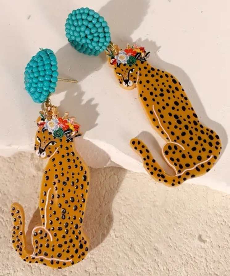 Large Retro Style Fun And Funky Acrylic Bead Accent Orange Leopard Design Dangle Earrings