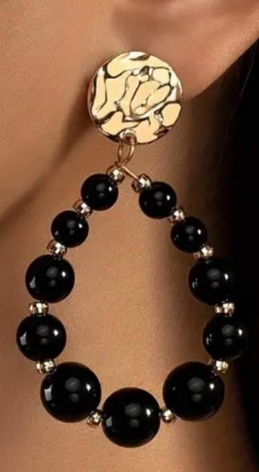Large Gold Plated Metal With Acrylic Black Beads Circle Large Ring Style Drop Dangle Earrings