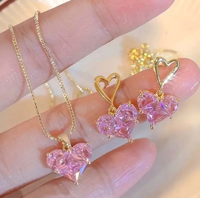 Exquisite Gold Plated Pink Crystal Rhinestone Hearts Drop Earrings And Pendant With Necklace Set