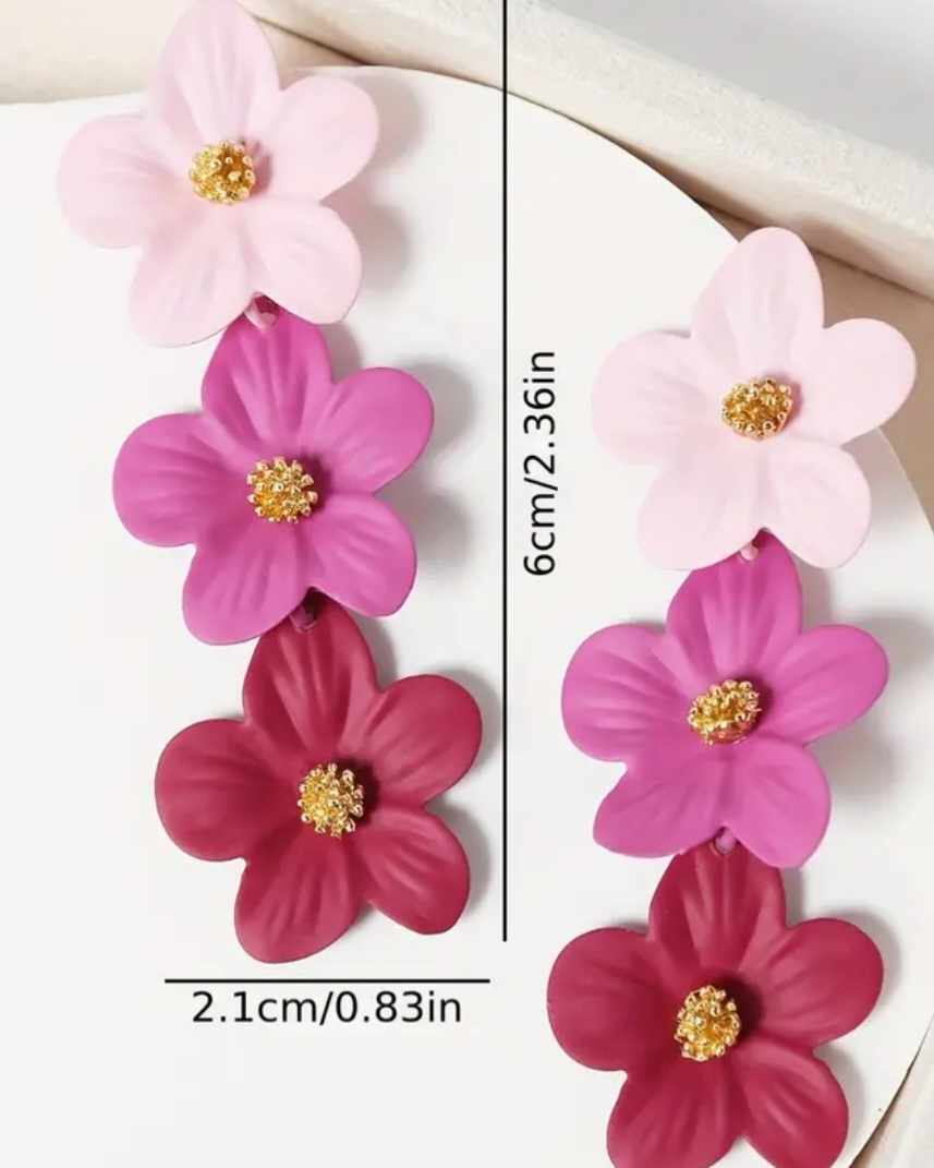 Pretty Painted Three Tone Gradient Pink Metal Triple Flower Drop Earrings