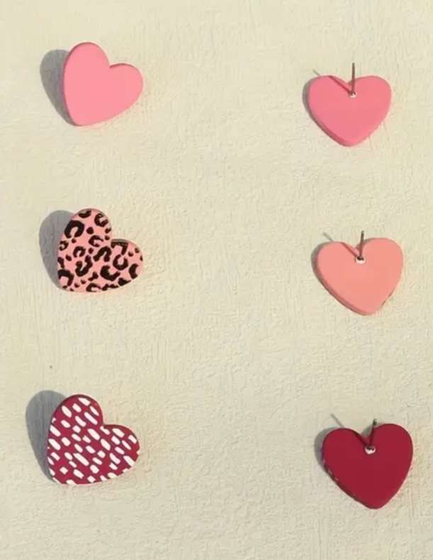 Acrylic Heart Stud Earrings Pink Black Rose Red Leopard And Dash Print Design Set Of 3