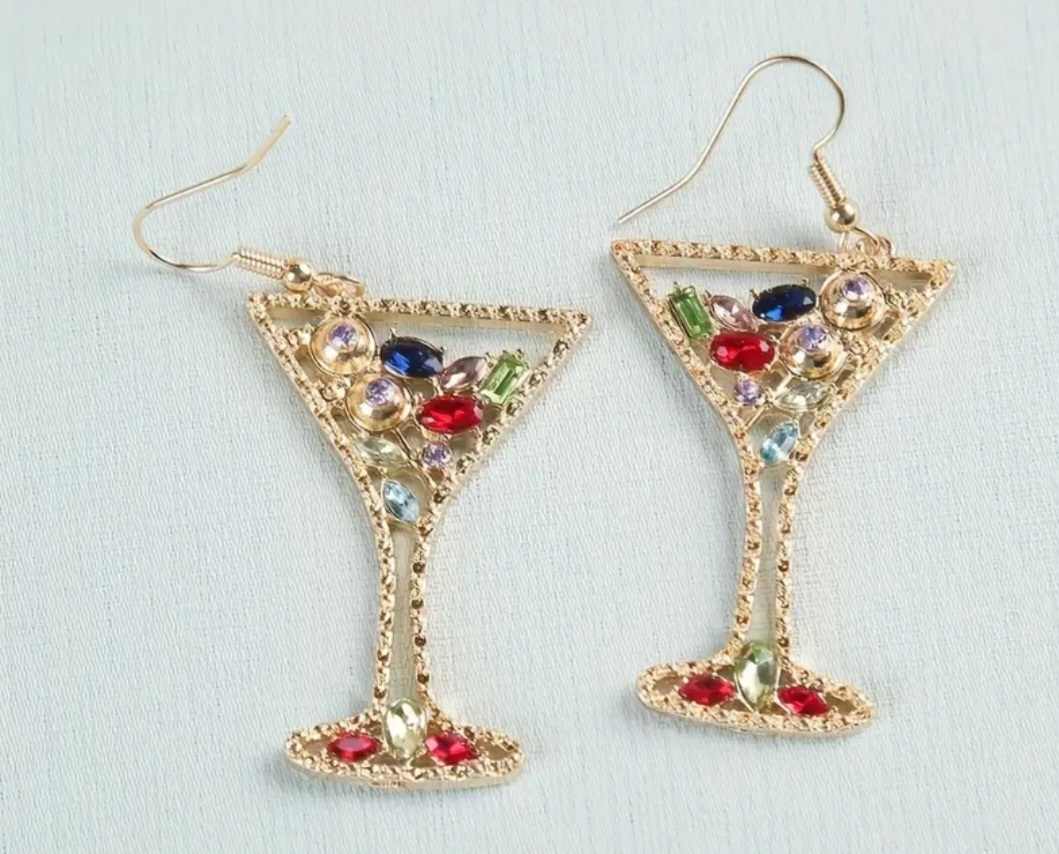 Bling Rhinestone Inlay Gold Plated Martini Wine Cocktail Holiday Drinks Glass Design Drop Earrings