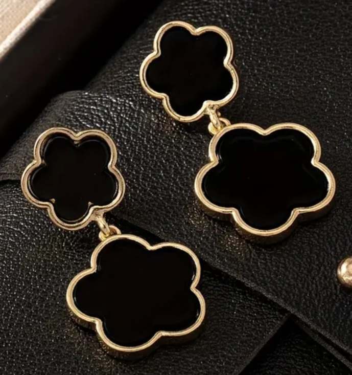 Flower 5 Petal Design Classy Metal Black Enamel Gold Plated Double Drop Dangle Earrings