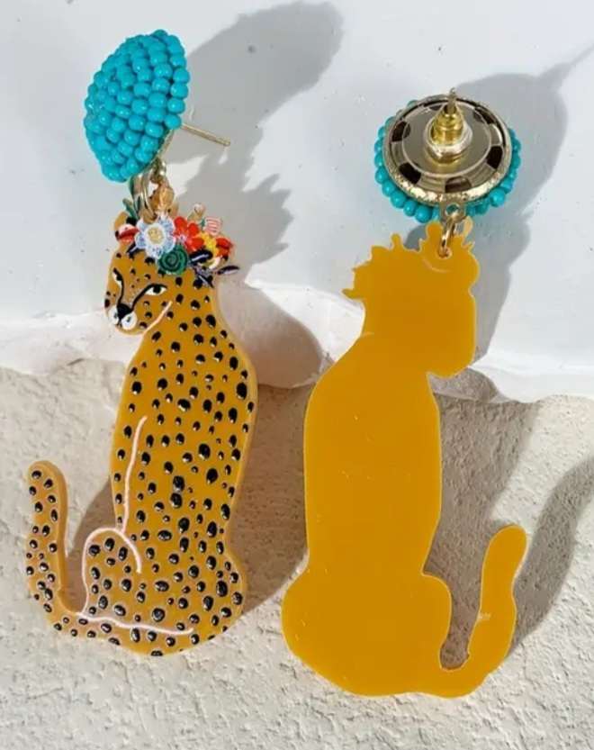 Large Retro Style Fun And Funky Acrylic Bead Accent Orange Leopard Design Dangle Earrings