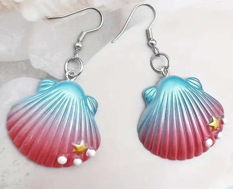 Large Colourful Acrylic Resin Gradient Pink Blue Scalloped Shell Dangle Earrings