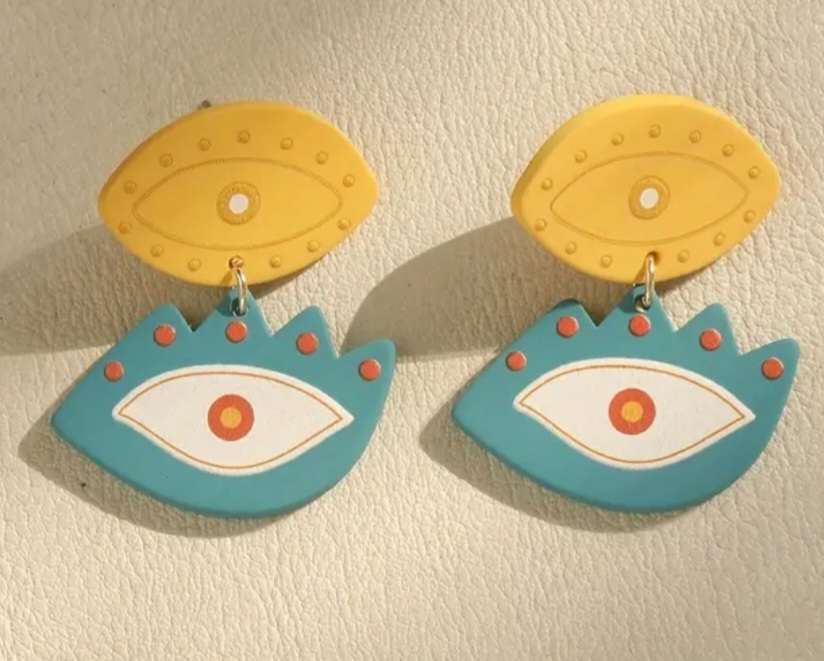 Artistic Bright Colourful Fun Funky Acrylic Blue And Yellow Eye Design Drop Dangle Earrings