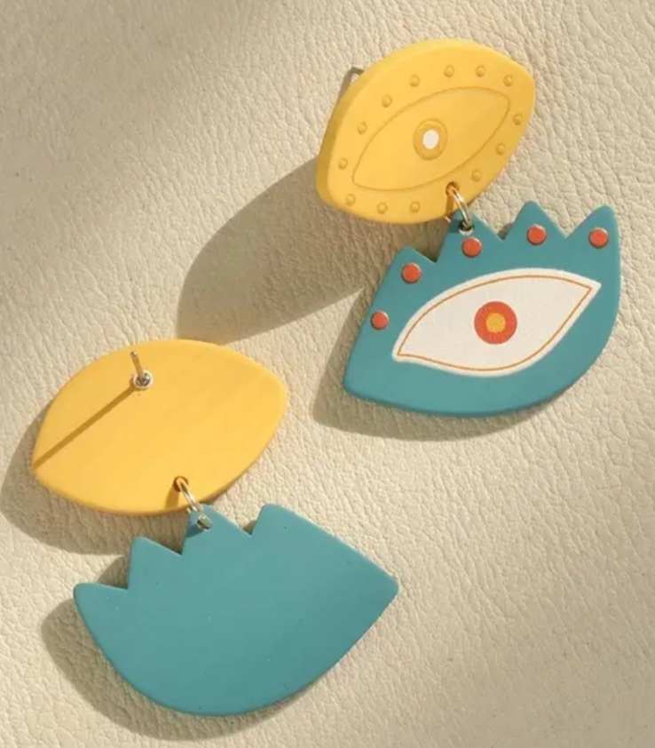 Artistic Bright Colourful Fun Funky Acrylic Blue And Yellow Eye Design Drop Dangle Earrings