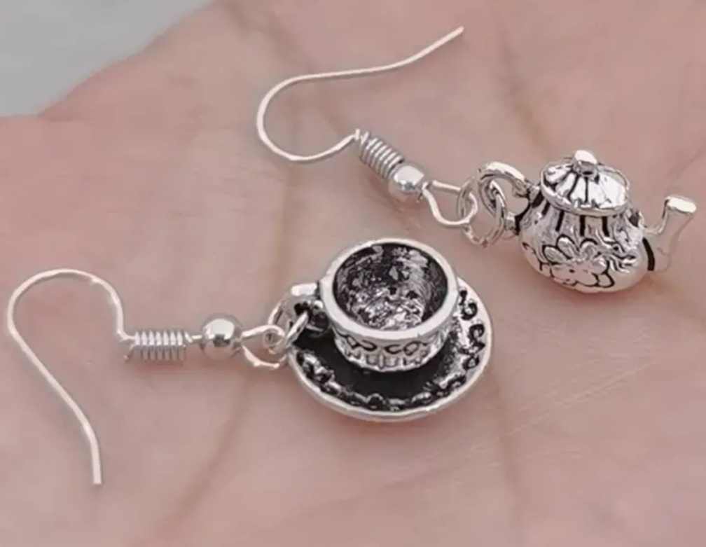Antique Look Bohemian Boho Vintage Look Small Metal Tea Cup Saucer And Tea Pot Retro Silver Tone Dangle Earrings